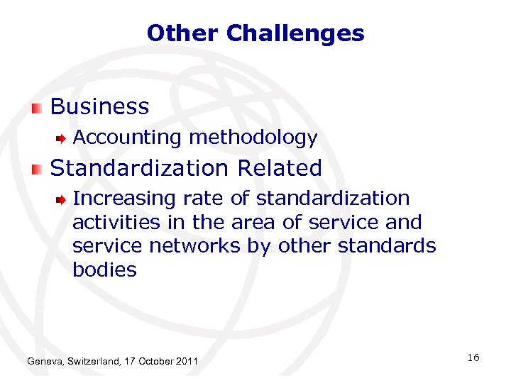 Other Challenges Business Accounting methodology Standardization Related Increasing rate of standardization activities in the