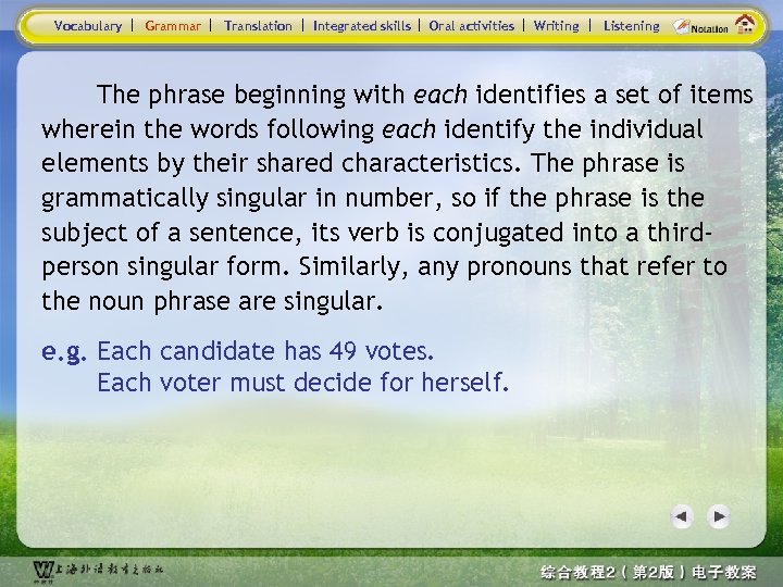 Vocabulary Grammar Translation Integrated skills Oral activities Writing Listening The phrase beginning with each