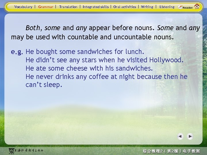 Vocabulary Grammar Translation Integrated skills Oral activities Writing Listening Both, some and any appear