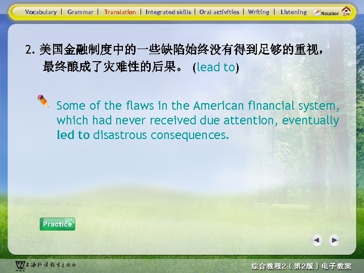 Vocabulary Grammar Translation Integrated skills Oral activities Writing Listening 2. 美国金融制度中的一些缺陷始终没有得到足够的重视， 最终酿成了灾难性的后果。 (lead to)