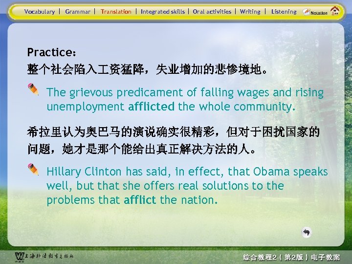 Vocabulary Grammar Translation Integrated skills Oral activities Writing Listening Practice： 整个社会陷入 资猛降，失业增加的悲惨境地。 The grievous