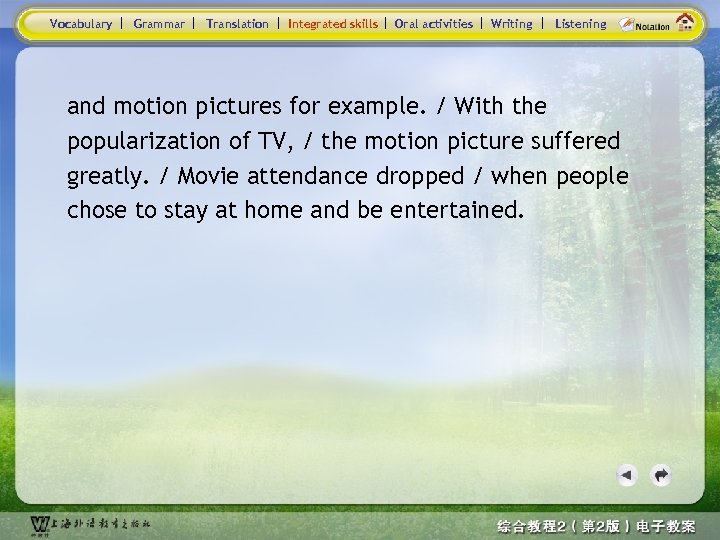 Vocabulary Grammar Translation Integrated skills Oral activities Writing Listening and motion pictures for example.