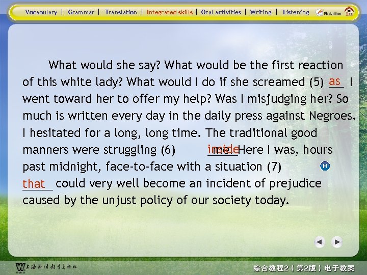 Vocabulary Grammar Translation Integrated skills Oral activities Writing Listening What would she say? What
