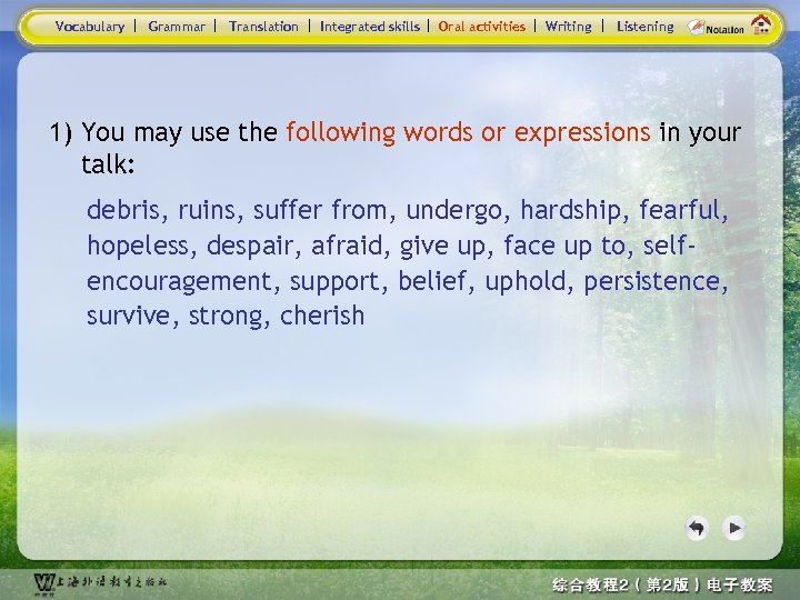 Vocabulary Grammar Translation Integrated skills Oral activities Writing Listening 1) You may use the