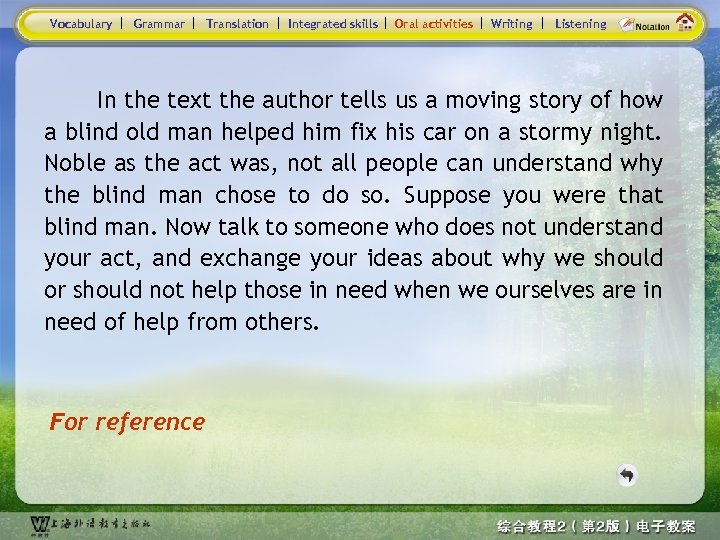 Vocabulary Grammar Translation Integrated skills Oral activities Writing Listening In the text the author