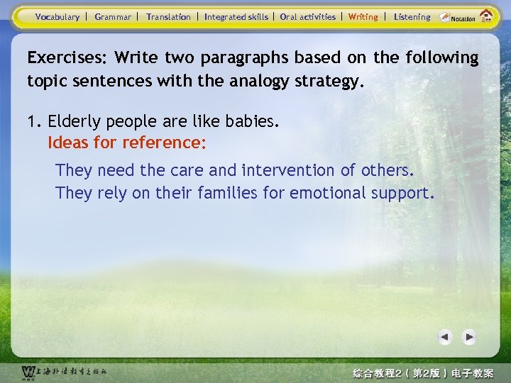 Vocabulary Grammar Translation Integrated skills Oral activities Writing Listening Exercises: Write two paragraphs based