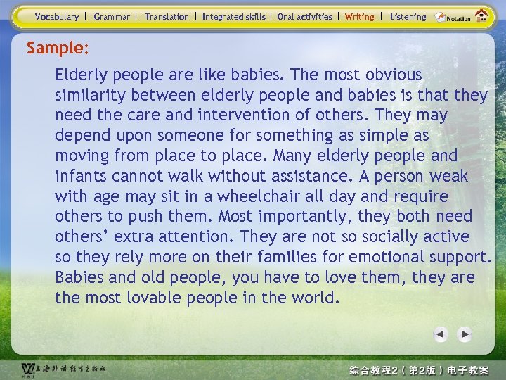 Vocabulary Grammar Translation Integrated skills Oral activities Writing Listening Sample: Elderly people are like
