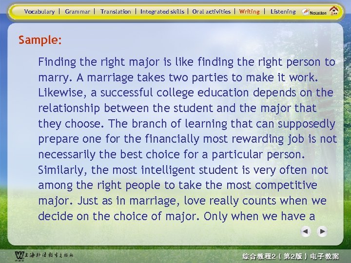 Vocabulary Grammar Translation Integrated skills Oral activities Writing Listening Sample: Finding the right major