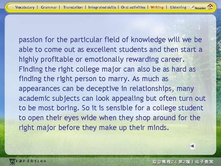 Vocabulary Grammar Translation Integrated skills Oral activities Writing Listening passion for the particular field