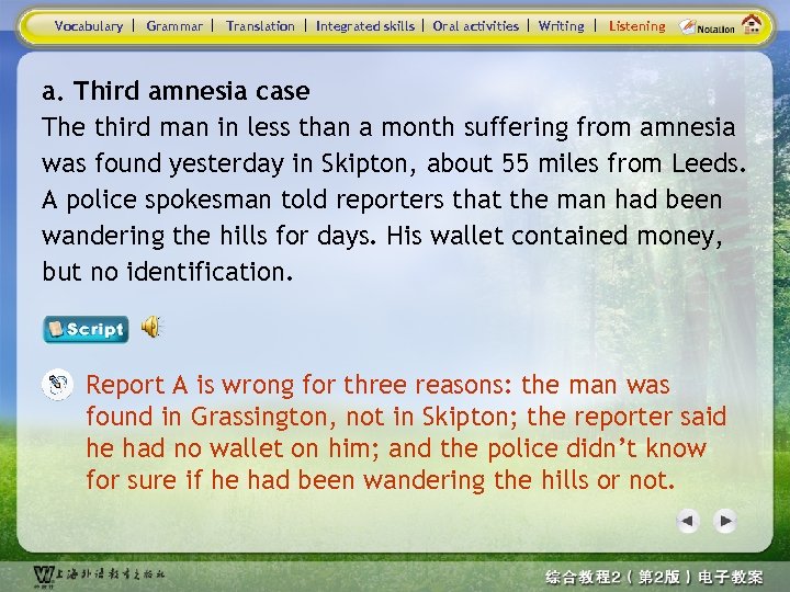 Vocabulary Grammar Translation Integrated skills Oral activities Writing Listening a. Third amnesia case The