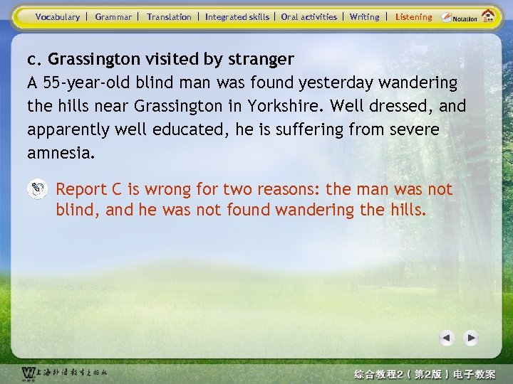 Vocabulary Grammar Translation Integrated skills Oral activities Writing Listening c. Grassington visited by stranger