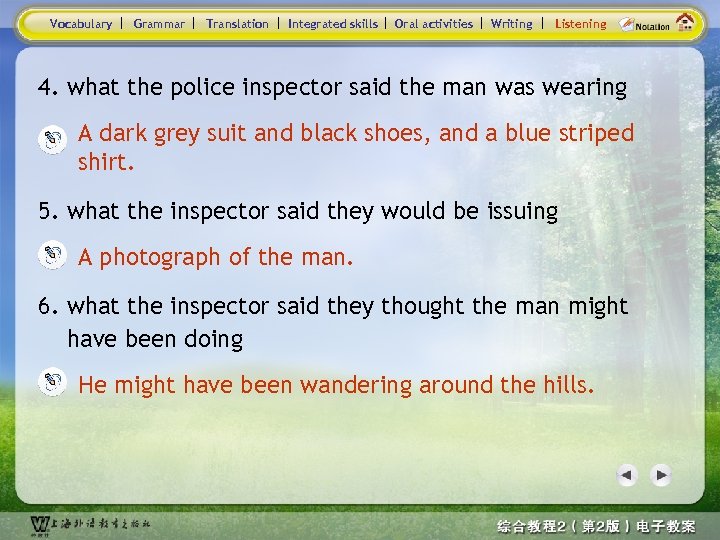 Vocabulary Grammar Translation Integrated skills Oral activities Writing Listening 4. what the police inspector