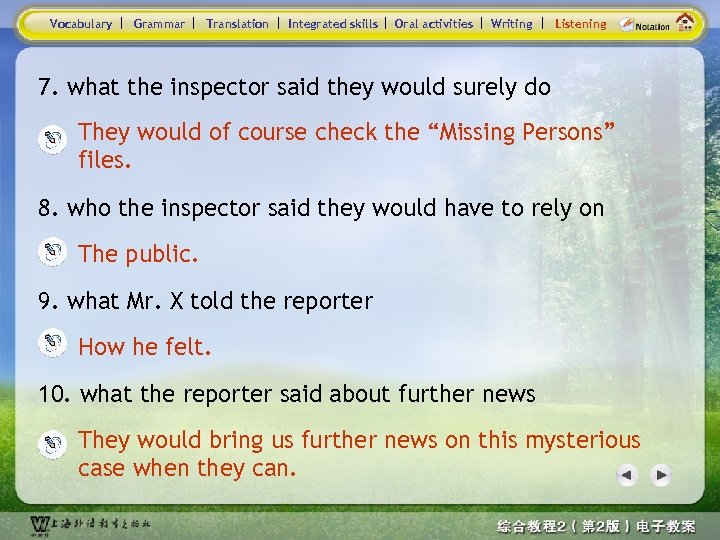 Vocabulary Grammar Translation Integrated skills Oral activities Writing Listening 7. what the inspector said