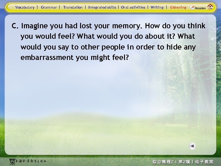 Vocabulary Grammar Translation Integrated skills Oral activities Writing Listening C. Imagine you had lost