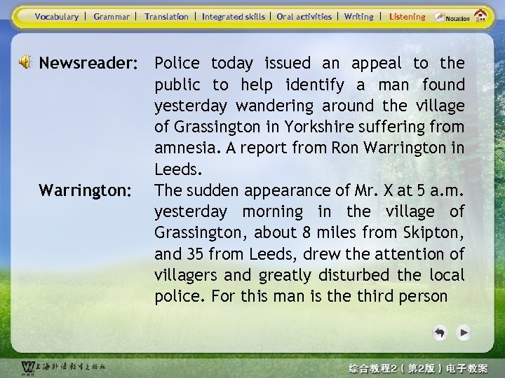 Vocabulary Grammar Translation Integrated skills Oral activities Writing Listening Newsreader: Police today issued an