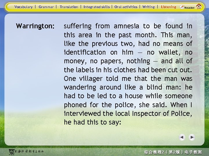 Vocabulary Grammar Warrington: Translation Integrated skills Oral activities Writing Listening suffering from amnesia to