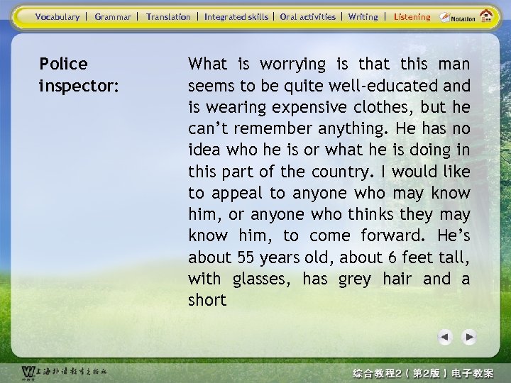 Vocabulary Grammar Police inspector: Translation Integrated skills Oral activities Writing Listening What is worrying