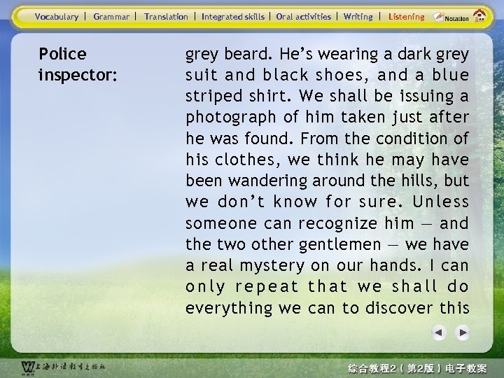 Vocabulary Grammar Police inspector: Translation Integrated skills Oral activities Writing Listening grey beard. He’s