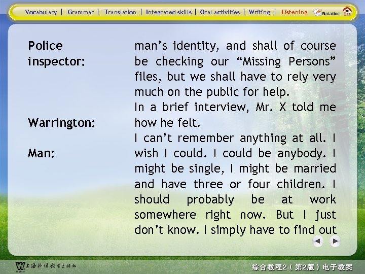 Vocabulary Grammar Police inspector: Warrington: Man: Translation Integrated skills Oral activities Writing Listening man’s