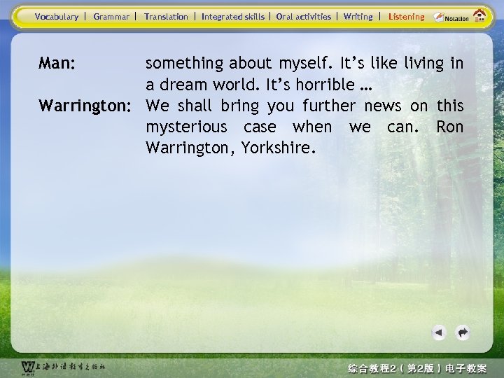 Vocabulary Man: Grammar Translation Integrated skills Oral activities Writing Listening something about myself. It’s