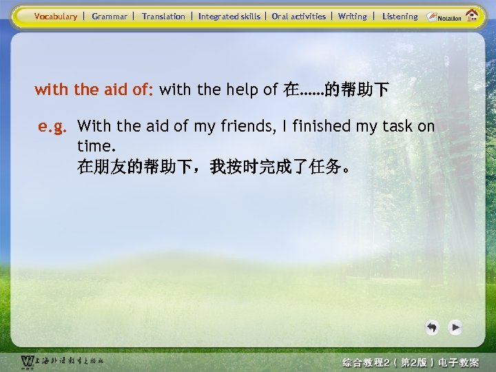 Vocabulary Grammar Translation Integrated skills Oral activities Writing Listening with the aid of: with