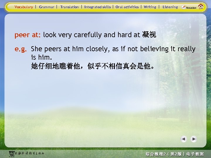 Vocabulary Grammar Translation Integrated skills Oral activities Writing Listening peer at: look very carefully