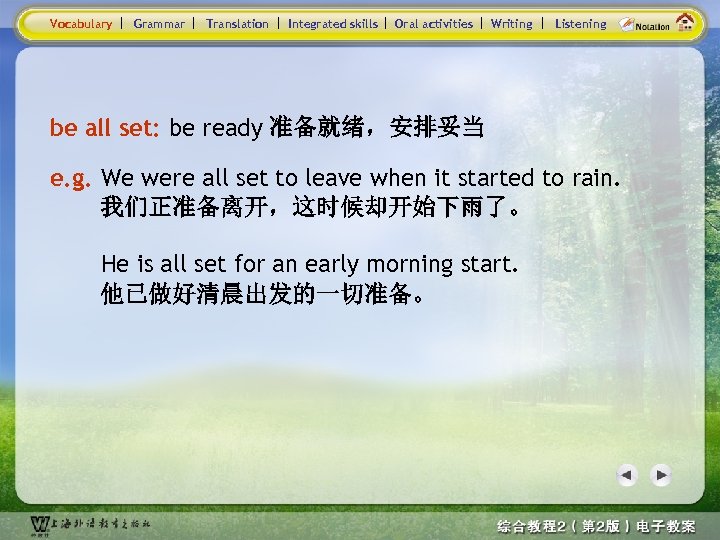 Vocabulary Grammar Translation Integrated skills Oral activities Writing Listening be all set: be ready