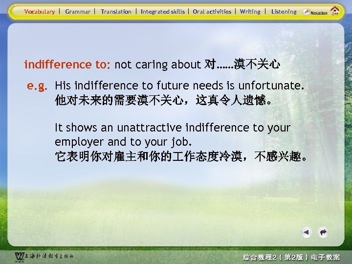 Vocabulary Grammar Translation Integrated skills Oral activities Writing Listening indifference to: not caring about