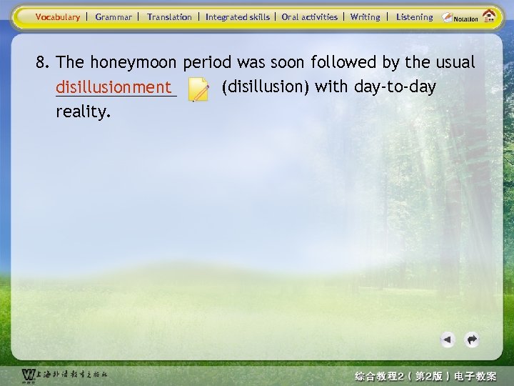 Vocabulary Grammar Translation Integrated skills Oral activities Writing Listening 8. The honeymoon period was