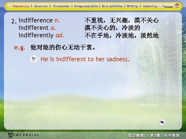 Vocabulary Grammar Translation 2. indifference n. indifferent a. indifferently ad. Integrated skills Oral activities