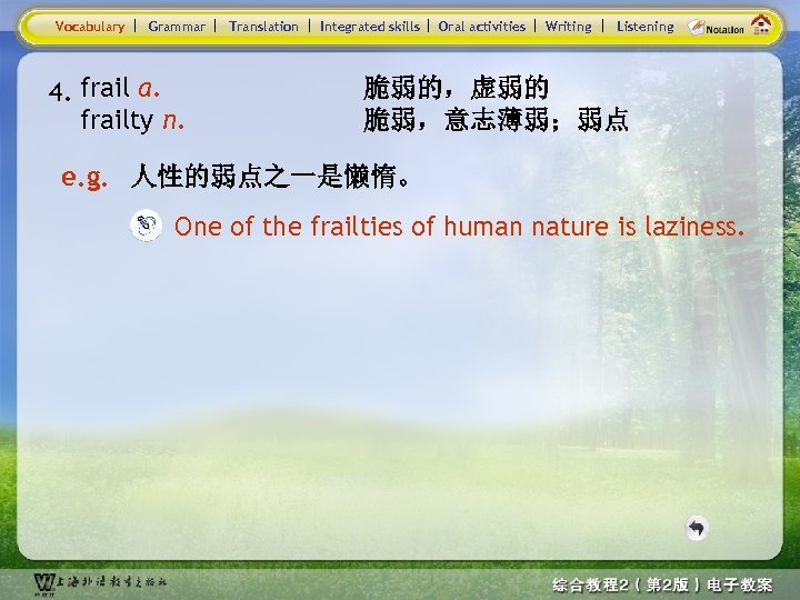 Vocabulary Grammar 4. frail a. frailty n. Translation Integrated skills Oral activities Writing Listening