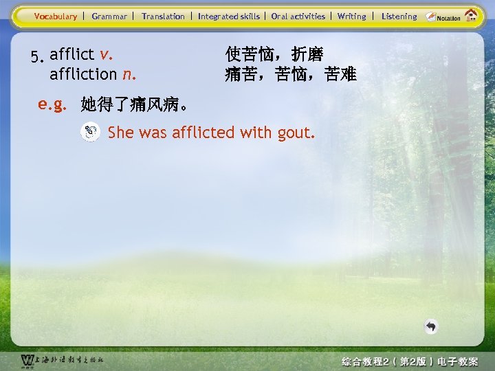 Vocabulary Grammar Translation 5. afflict v. affliction n. Integrated skills Oral activities Writing 使苦恼，折磨