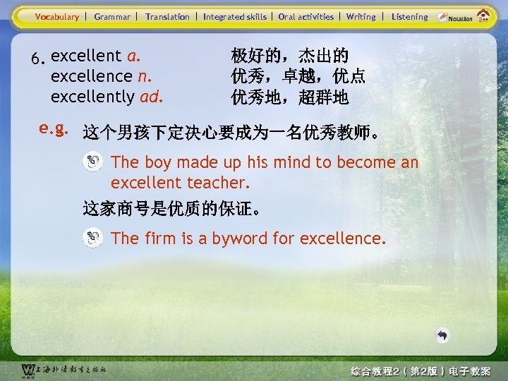 Vocabulary Grammar Translation 6. excellent a. excellence n. excellently ad. Integrated skills Oral activities