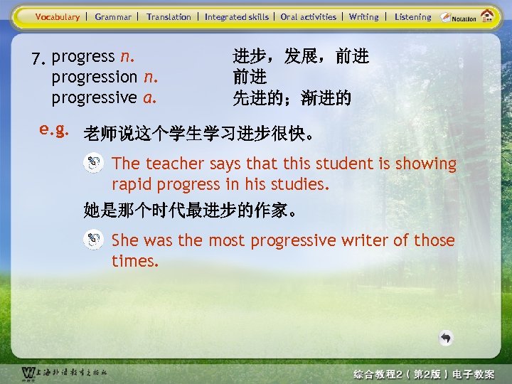 Vocabulary Grammar Translation 7. progress n. progression n. progressive a. Integrated skills Oral activities
