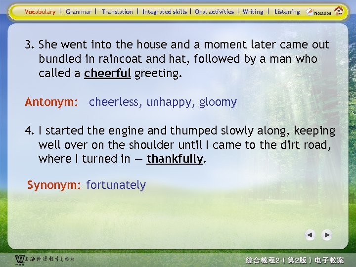 Vocabulary Grammar Translation Integrated skills Oral activities Writing Listening 3. She went into the