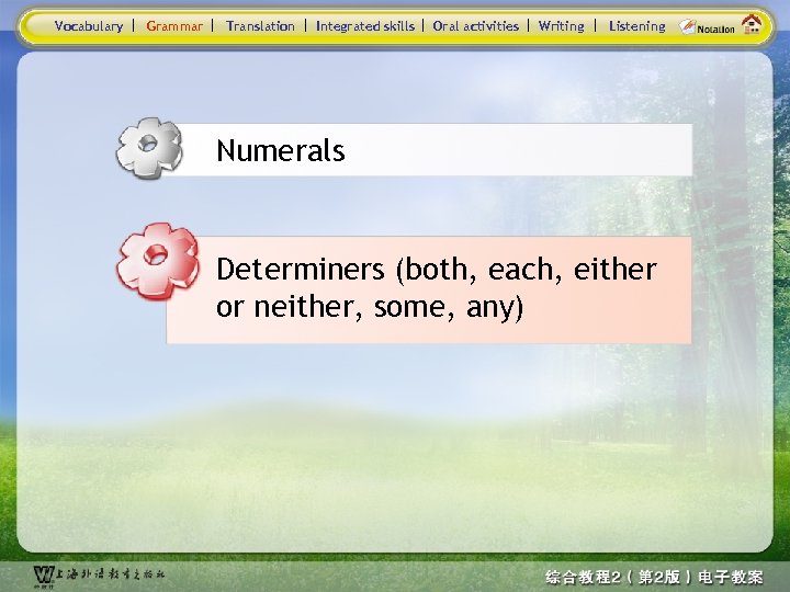 Vocabulary Grammar Translation Integrated skills Oral activities Writing Listening Numerals Determiners (both, each, either