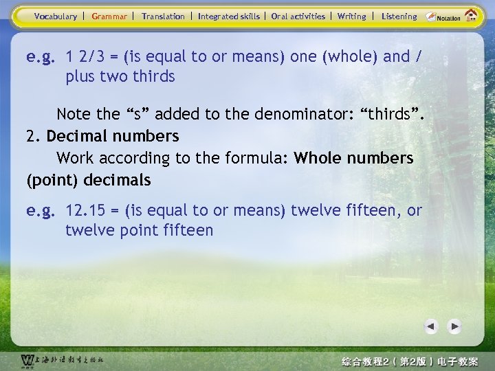 Vocabulary Grammar Translation Integrated skills Oral activities Writing Listening e. g. 1 2/3 =