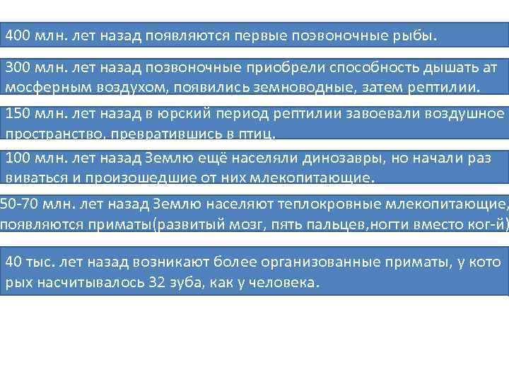 400 млн. лет назад появляются первые поэвоночные рыбы. 300 млн. лет назад позвоночные приобрели