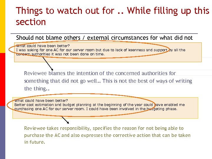 Things to watch out for. . While filling up this section Should not blame