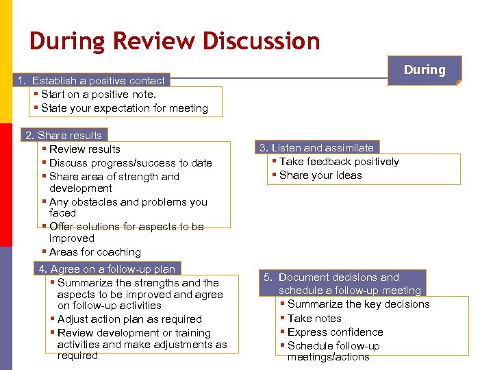 During Review Discussion During 1. Establish a positive contact § Start on a positive