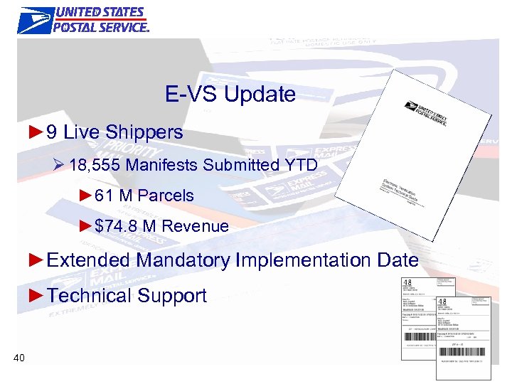 Improve Convenience E-VS Update ► 9 Live Shippers Ø 18, 555 Manifests Submitted YTD