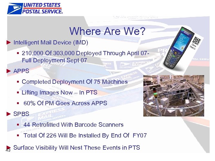 Intelligence/Visibility Where Are We? ► Intelligent Mail Device (IMD) § 210, 000 Of 303,