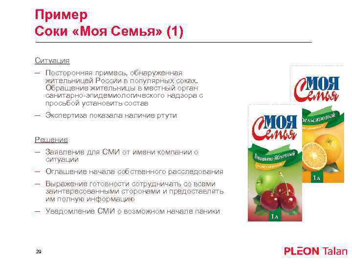 Пример Соки «Моя Семья» (1) Ситуация – Посторонняя примесь, обнаруженная жительницей России в популярных