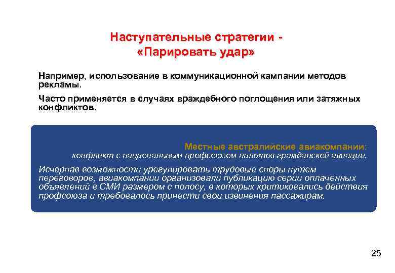 Наступательные стратегии «Парировать удар» Например, использование в коммуникационной кампании методов рекламы. Часто применяется в