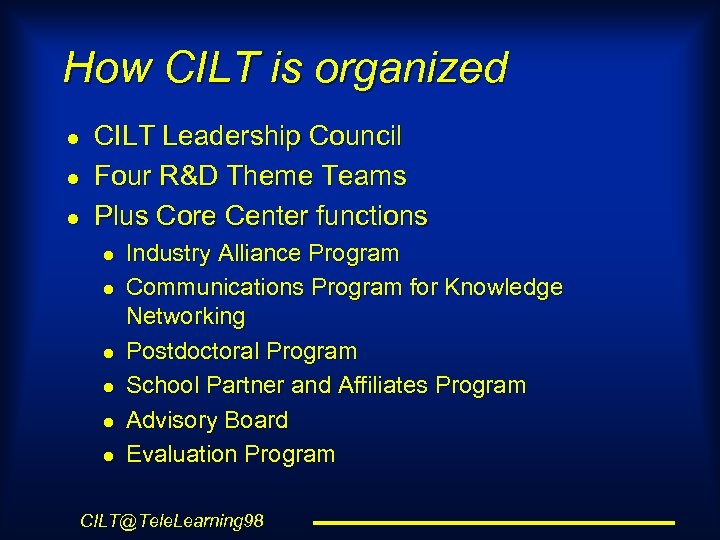 How CILT is organized l l l CILT Leadership Council Four R&D Theme Teams