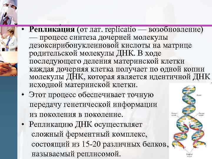  • Реплика ция (от лат. replicatio — возобновление) — процесс синтеза дочерней молекулы
