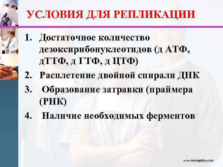 УСЛОВИЯ ДЛЯ РЕПЛИКАЦИИ 1. Достаточное количество дезоксирибонуклеотидов (д ATФ, д. TTФ, д ГTФ, д