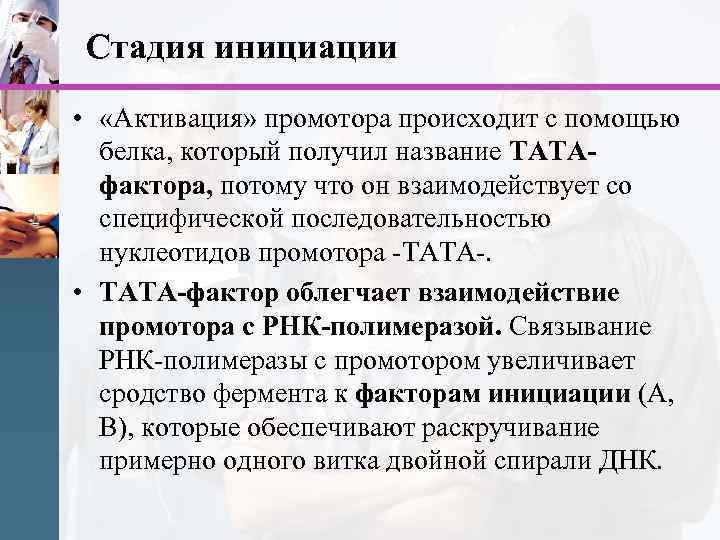 Стадия инициации • «Активация» промотора происходит с помощью белка, который получил название ТАТАфактора, потому