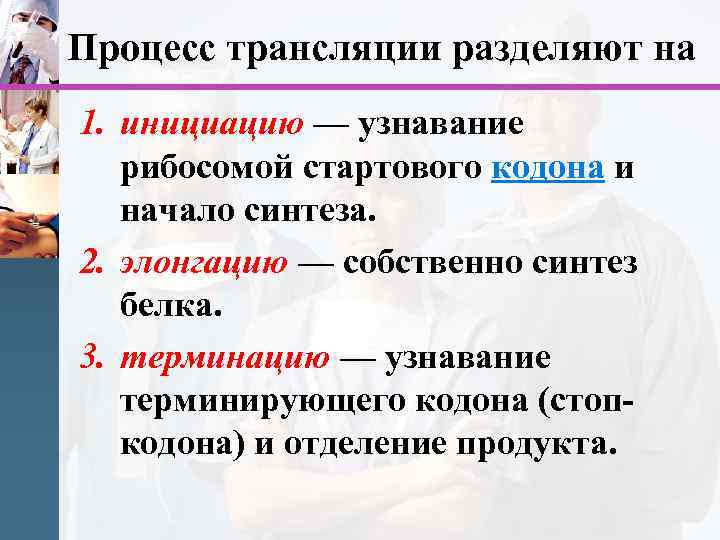 Процесс трансляции разделяют на 1. инициацию — узнавание рибосомой стартового кодона и начало синтеза.