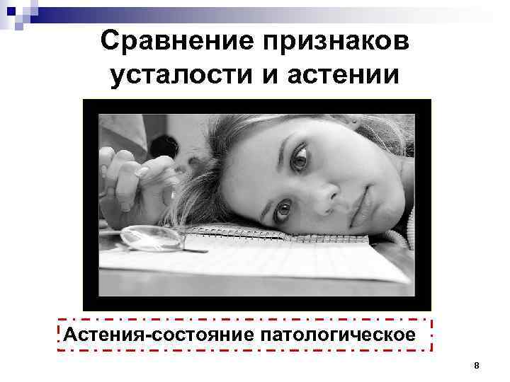 Сравнение признаков усталости и астении Астения-состояние патологическое 8 